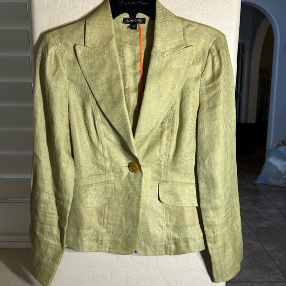VTG Y2K‎ 90’s Bebe green/yellow 100% linen academia herringbone blazer jacket - Picture 1 of 10
